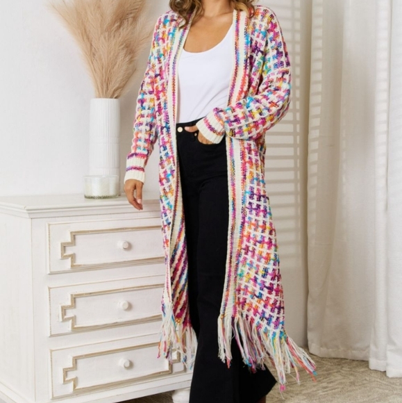 Kaleidoscope Fringe Long Cardigan - Red White Multi - Picture 5 of 6